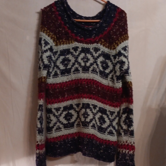 Free People Red and Blue Crew Neck Sweater with Nordic Pattern XS - Picture 1 of 9